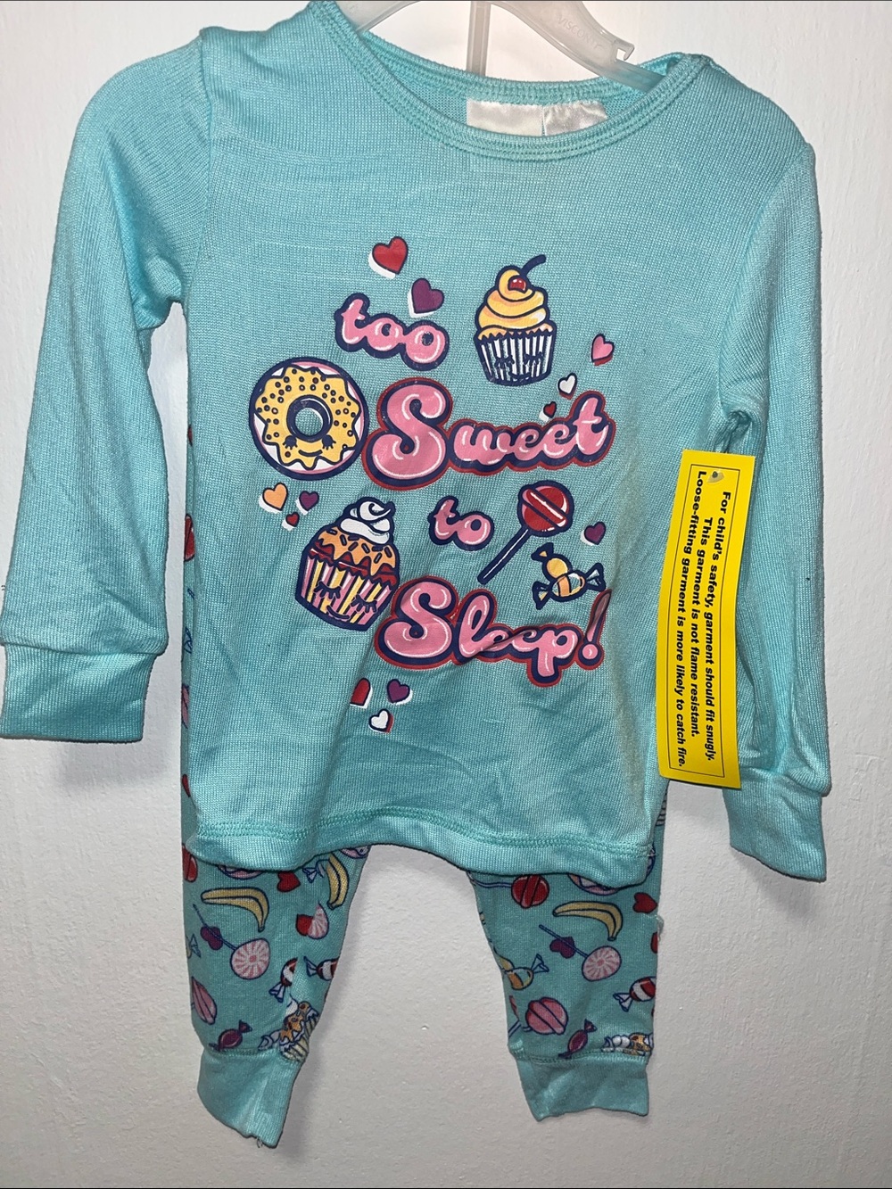 Blue 'Too Sweet to Sleep' Kids Pajama Set with Dessert Print